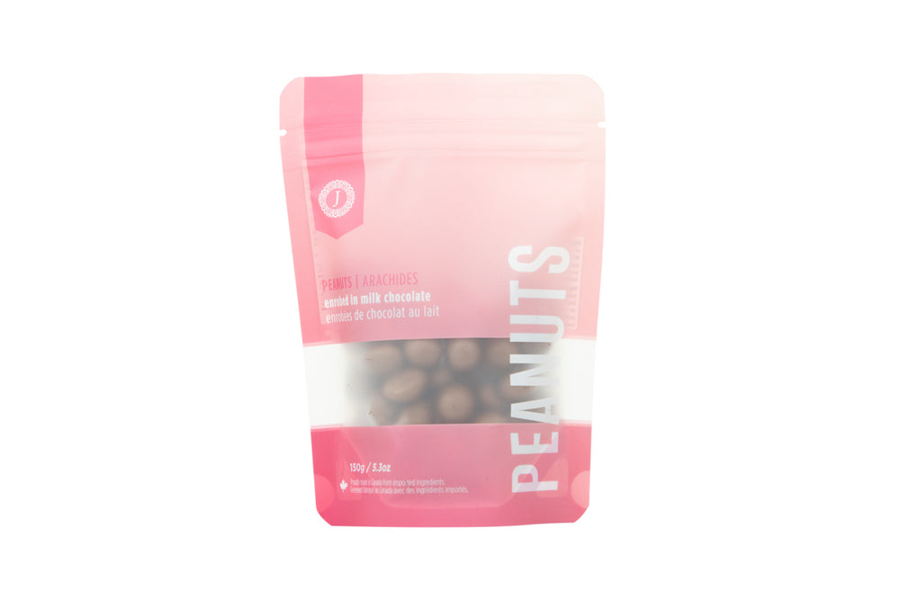 Pink bag of peanuts on white 