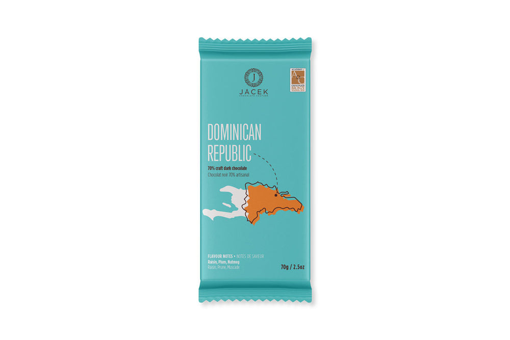 
            
                Load image into Gallery viewer, A teal wrapper, designed with an illustrated map of the Dominican Republic in orange. An arrow points to a location on the Eastern coast, where this origin farm is located.
            
        