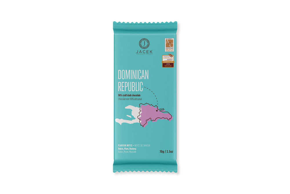 A teal wrapper, designed with an illustrated map of the Dominican Republic in purple. An arrow points to a location on the Eastern coast, where this origin farm is located.